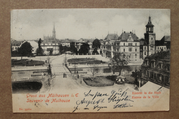 Postcard PC Souvenir de Muelhausen Mulhouse Alsace 1902 Entree de la Ville Streetview houses France 68 Haut Rhin